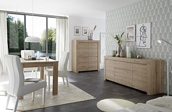 Sala di design composta da Madia alta, Madia 2 ante 3 cassetto e Tavolo, finitura Rovere Cadiz