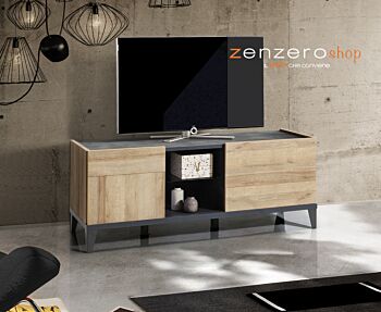 Porta Tv industry con una ribalta, un'anta e un ripiano in finitura Antracite e Rovere
