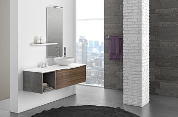 Composizione bagno sospesa Noce, Bianco con cubotto in pietra naturale Grigia 
