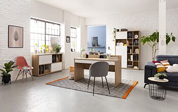 Scrivania moderna da ufficio finitura Rovere e Bianco laccato, Made in Italy