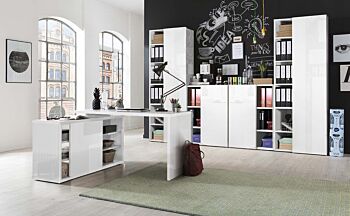 Ufficio Point completo con scrivania ad angolo reversibile in finitura Bianco Lucido