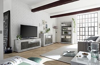 Soggiorno moderno completo con Porta TV, Madia e Libreria, finitura cemento e ossido