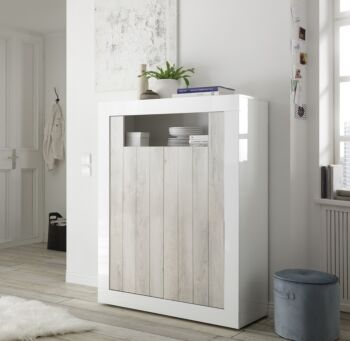 Madia alta moderna, 2 ante, finitura Bianco Lucido e Pino Bianco