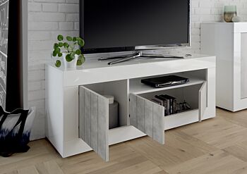Porta TV a 3 ante, moderno e di design, finitura Bianco Lucido e cemento