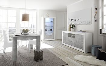 Sala completa di design con Madia, Vetrina e Tavolo allungabile, finitura bianco lucido e cemento