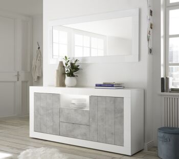 Madia moderna, 2 ante 2 cassetti in finitura Bianco Lucido e cemento