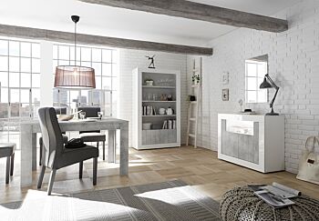 Sala completa di design con Madia 2 ante, Libreria e Tavolo allungabile, finitura bianco lucido e cemento.