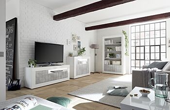 Soggiorno moderno completo con Porta TV, Madia e Libreria, finitura Bianco Lucido e cemento