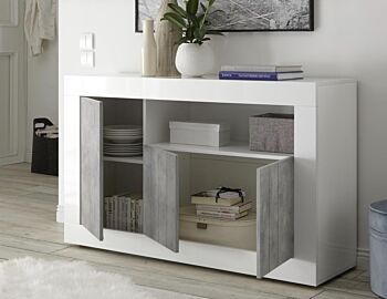 Madia moderna, 3 ante in finitura bianco lucido e cemento