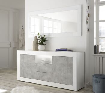 Madia moderna, 2 ante 2 cassetti in finitura Bianco Lucido e Cemento