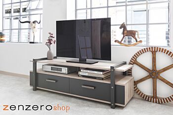 Porta TV industrial con 2 cassetti in finitura Antracite e Quercia