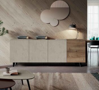 Madia 4 ante con apertura push pull, finitura Argilla e Rovere tabacco