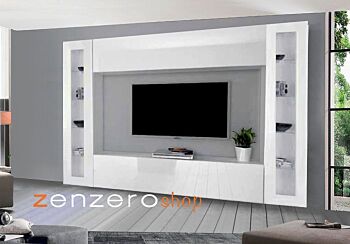 Elegante Parete attrezzata sospesa con 2 vetrine e 2 pensili orizzontali, finitura bianco lucido