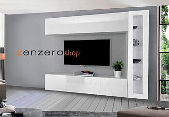 Soggiorno Zenzero, parete attrezzata con 2 pensili orizzontali e 1 vetrina laterale, finitura bianco lucido