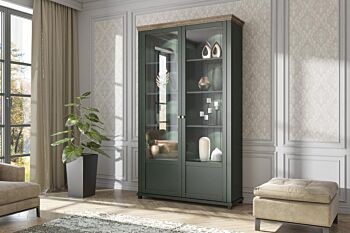 Elegante vetrina 2 ante finitura verde scuro e quercia 