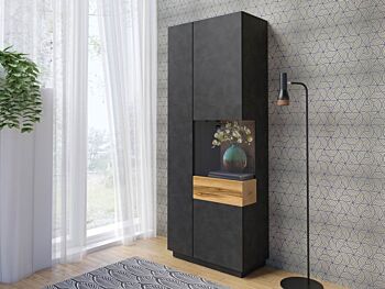 Vetrina di design, colonna a 2 ante, antracite e rovere naturale