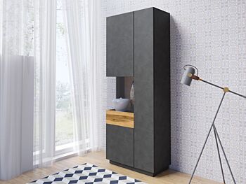 Vetrina di design, colonna a 2 ante, antracite e rovere naturale