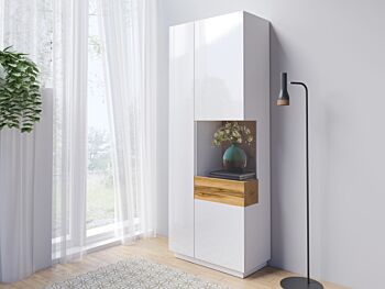 Colonna vetrina a 2 ante, finitura rovere naturale e bianco lucido 