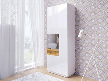 Colonna vetrina a 2 ante, finitura rovere naturale e bianco lucido 