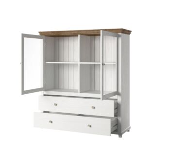 Elegante vetrina bassa, finitura bianco frassinato e rovere