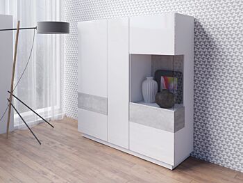 Porta TV e vetrina moderni bianco lucido e cemento