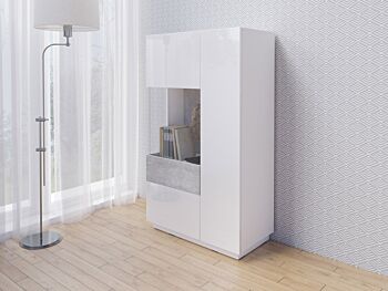 Madia alta contenitore, vetrina di design bianco lucido e cemento H.139