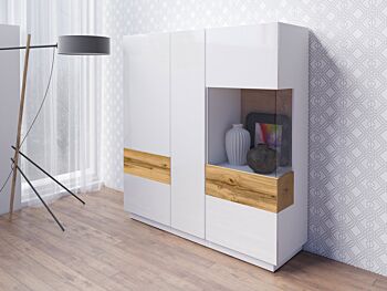 Vetrina di design H.139 moderna, finitura cemento e bianco lucido