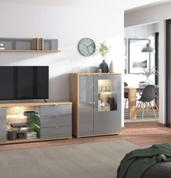 Vetrina bassa con ante vetro grigio, finitura Grafite e Rovere