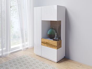 Madia alta, vetrina di design bianco lucido e rovere naturale