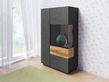 Credenza alta , vetrina contenitore, finitura antracite e rovere naturale
