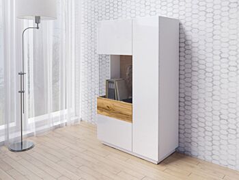 Madia alta, vetrina di design bianco lucido e rovere naturale