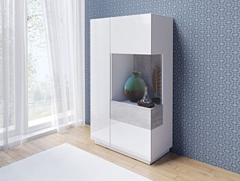 Madia alta contenitore, vetrina di design bianco lucido e cemento H.139