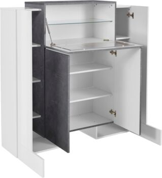 Vetrinetta di design 4 ante una ribalta, finitura Ardesia e Bianco laccato lucido
