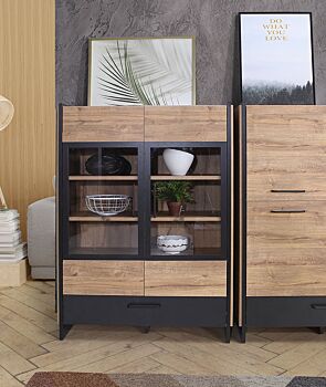 Vetrinetta industry 2 ante 1 cassetto, finitura Rovere Waterford e Nero