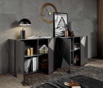 Madia moderna serigrafata con 4 ante e specchi in finitura Grigio lucido