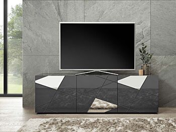 Mobile porta Tv serigrafato con 3 ante e specchi in finitura Grigio lucido