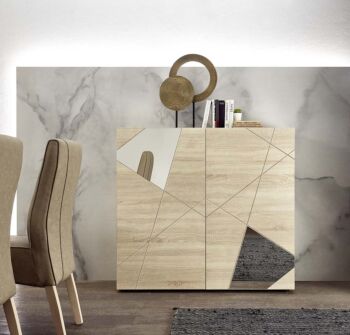Soggiorno moderno con 2 madie e un porta Tv in finitura Rovere samoa con specchi