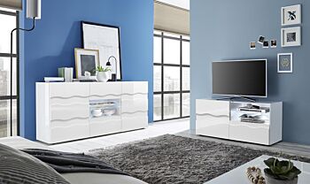 Sala moderna, composta da Madia e Porta TV Onda, Bianco Lucido