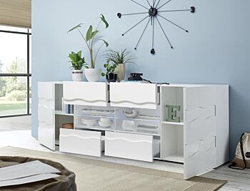Madia onda a 2 ante 4 cassetti, finitura bianco lucido, design moderno