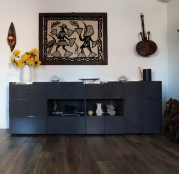 Capiente credenza, Madia di Design, 2 ante e 4 cassetti, Grigio Lucido