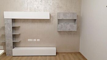 Parete attrezzata con libreria laterale, Bianco Laccato Lucido e Beton