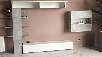 Funzionale Soggiorno Zenzero, parete attrezzata moderna con pensili, Bianco Laccato Lucido e Beton