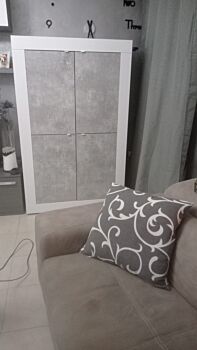 Madia Credenza Moderna, Madia di Design, 4 ante Alta, Bianco Lucido e Cemento