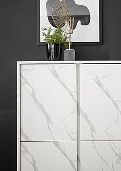 Madia alta moderna, 4 ante in finitura effetto Marmo Bianco di Carrara