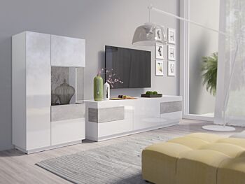 Sala moderna composta da porta TV e vetrina, grigio cemento e bianco lucido 