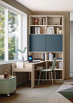 Zona studio moderna con libreria e scrivania finitura Petrolio, Orzo e Olmo 