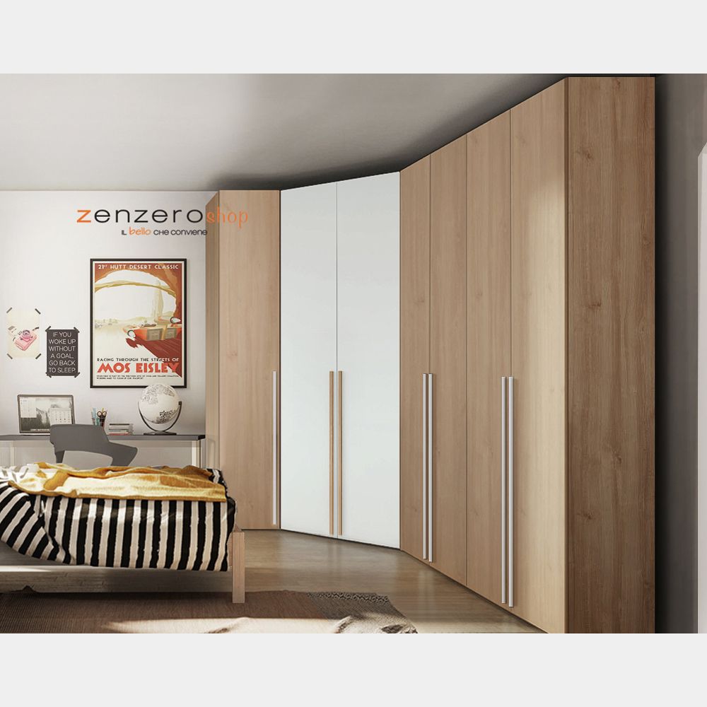 Armadio moderno ad angolo con 7 ante in finitura Bianco Opaco e Rovere Oak