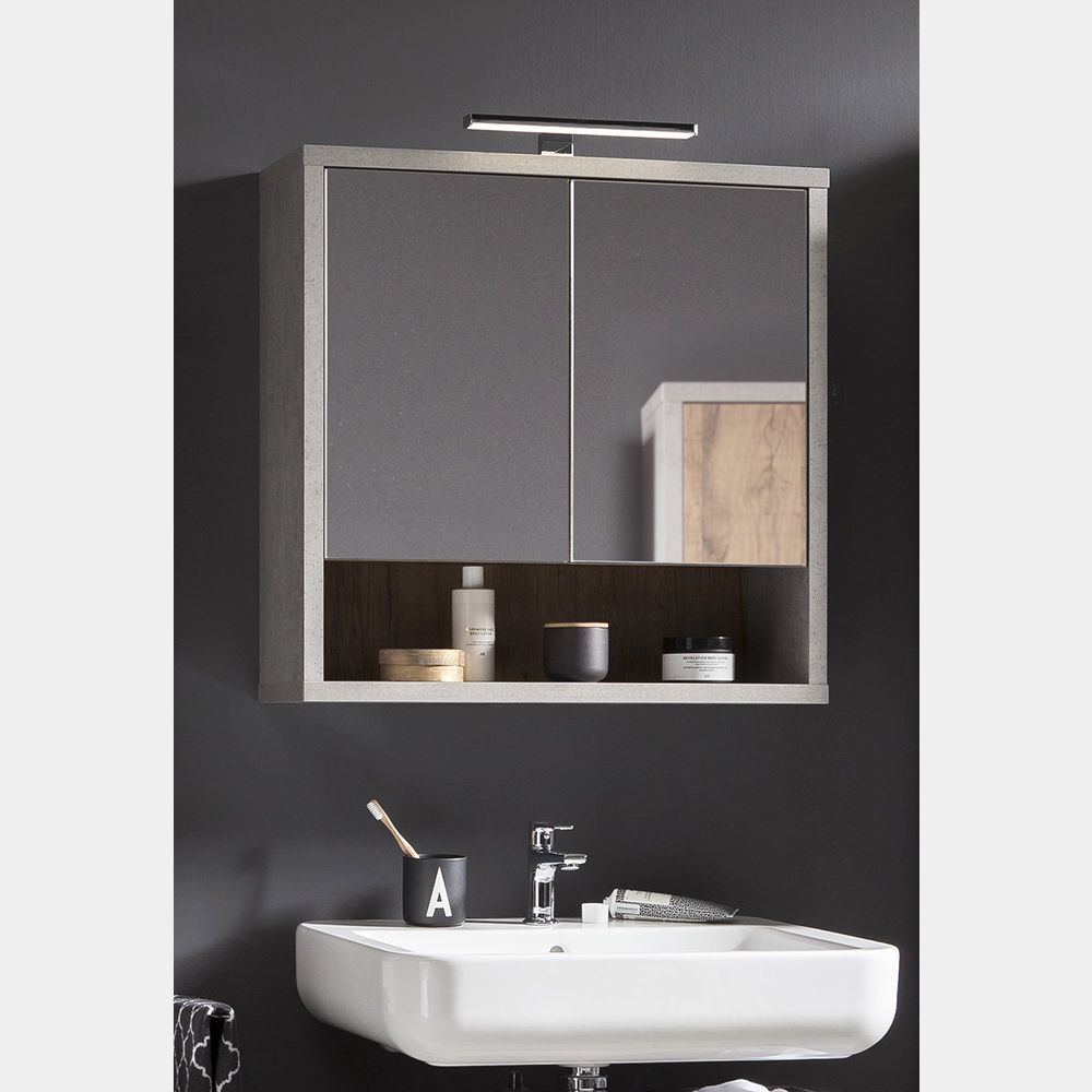 Mobile bagno cemento con specchio e luce, pensile bagno con anta