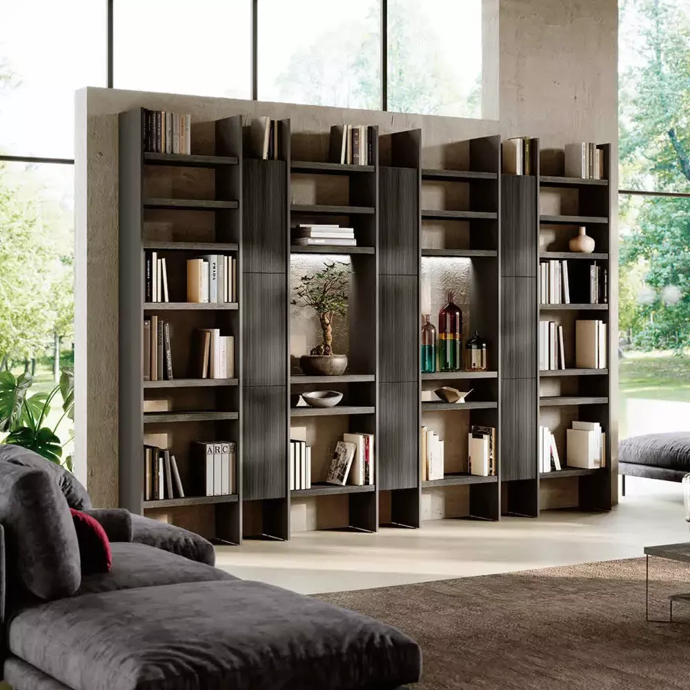 Libreria con pensili per soggiorno, Noce scuro, Grigio cenere e Rovere  grigio