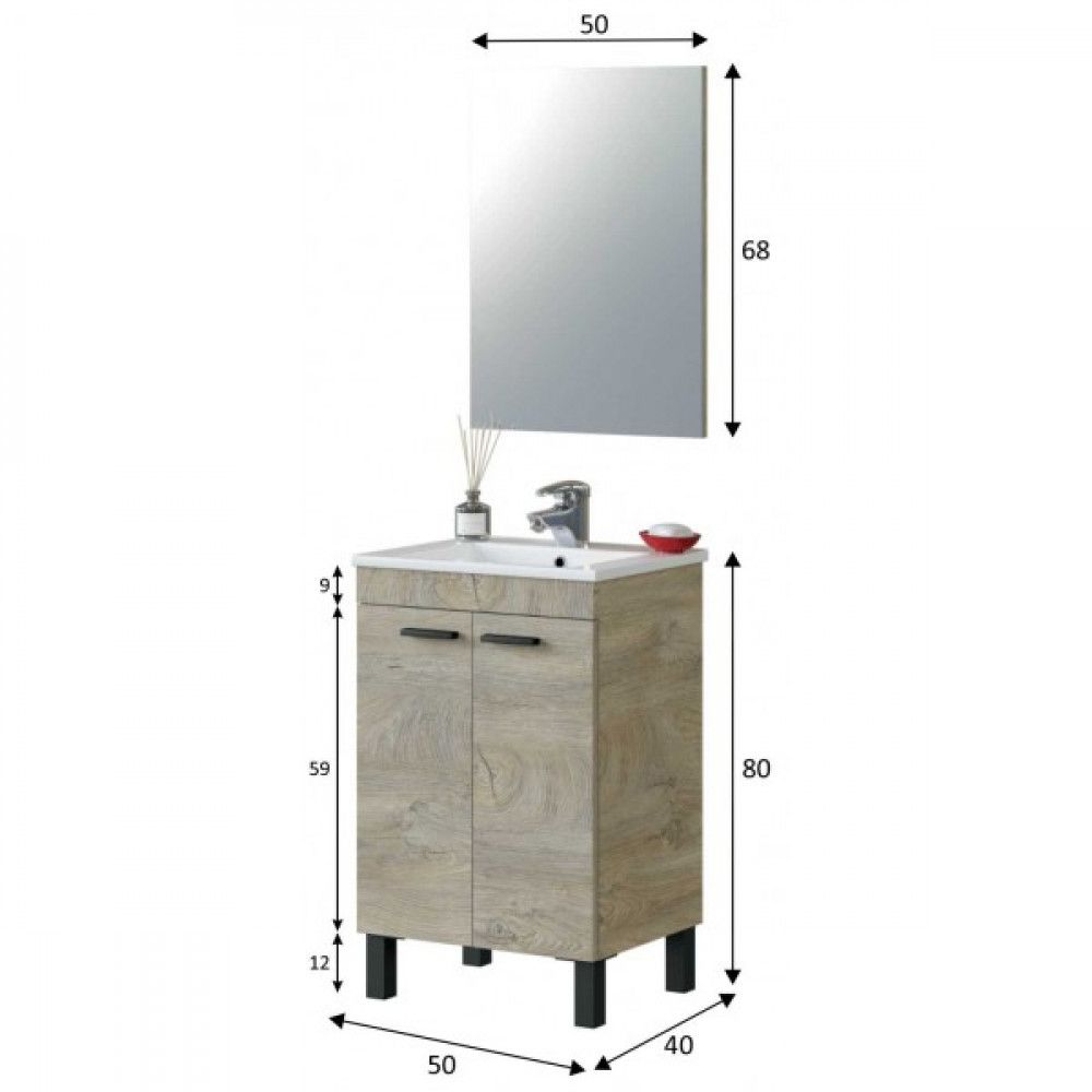 Mobiletto bagno a terra 56 cm grigio completo di lavabo e specchio